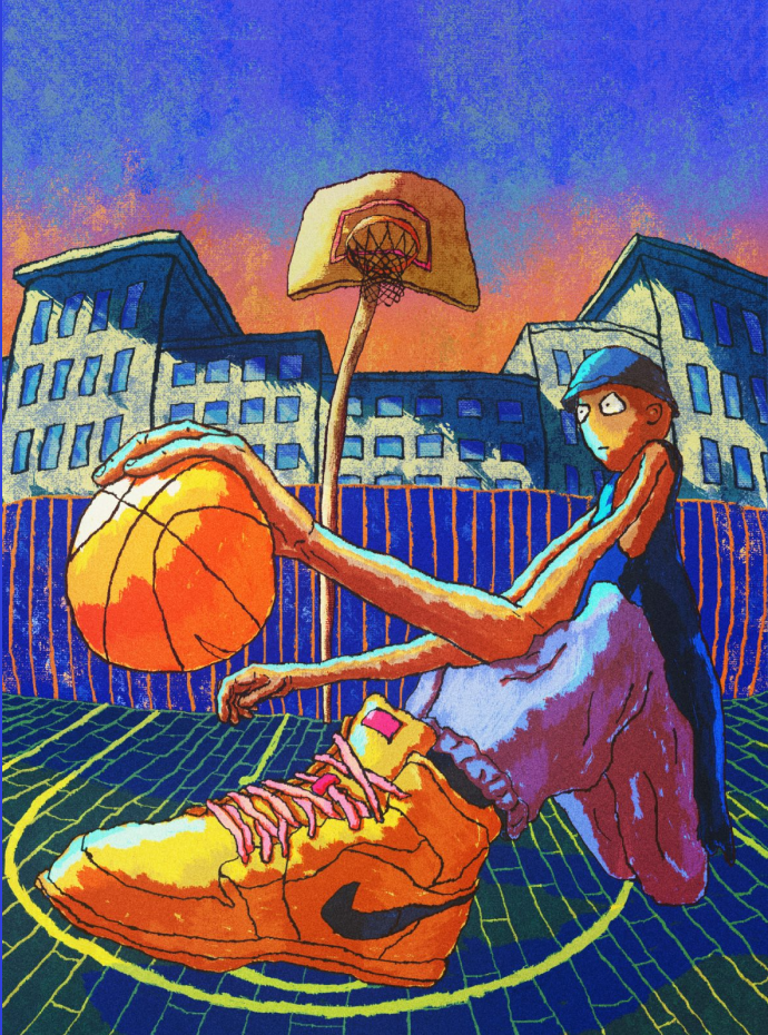 basketball playing on court illustration